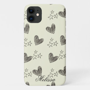Beige Zwart-wit Minimal Heart Stars Script Case-Mate iPhone Case