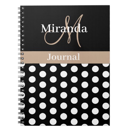 Beige Zwart Wit Polka Dot Monogram Notitieboek (Voorkant)