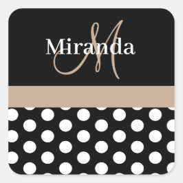 Beige Zwart Wit Polka Dot Monogram Vierkante Sticker