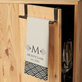 Beige Zwarte Art Deco Japanse Fan Custom Monogram Theedoek