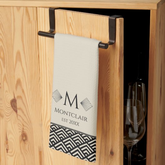 Beige Zwarte Art Deco Japanse Fan Custom Monogram Theedoek (Derde Gevouwen)