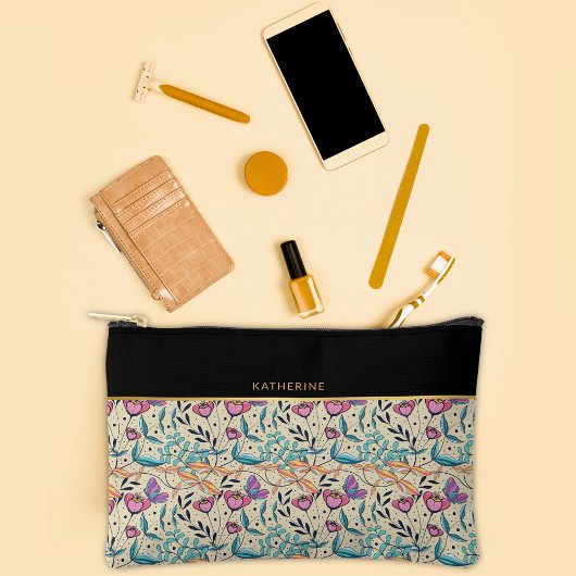 Beige Zwarte Bloemen Patroon Mooie Meisjesachtige Etui