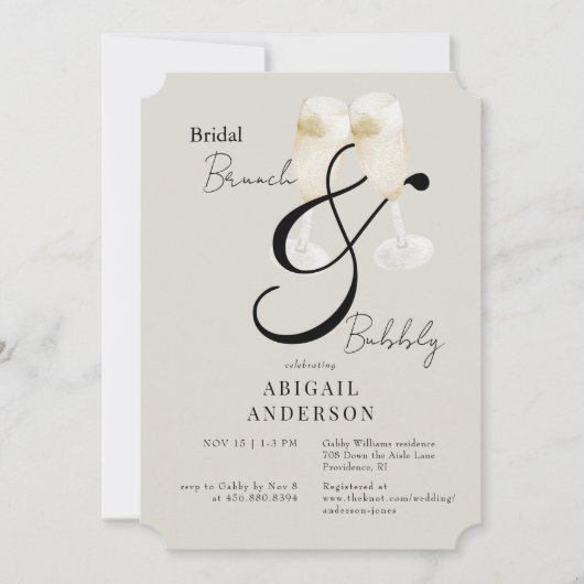 Beige & zwarte bruids brunch & bubbeldouche kaart (Voorkant)