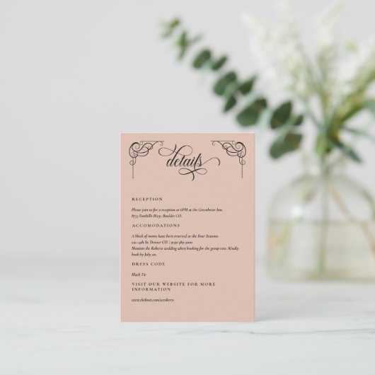 Beige & zwarte kalligrafie bruiloft details informatiekaartje (Staand voorkant)