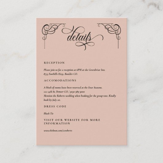 Beige & zwarte kalligrafie bruiloft details informatiekaartje (Voorkant)