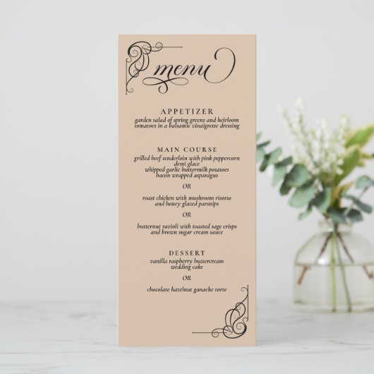 Beige & Zwarte Kalligrafie Bruiloft Receptie Menu (Staand voorkant)