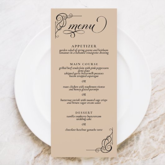 Beige & Zwarte Kalligrafie Bruiloft Receptie Menu