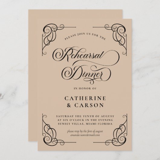 Beige & Zwarte kalligrafie Script repetitie diner Kaart (Voorkant / Achterkant)