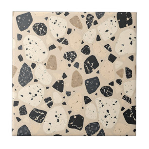 Beige Zwarte Terrazzo Patroon Neutraal Abstract Tegeltje