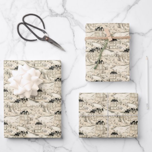 Beige & Zwarte Toile Inpakpapier Vel (Voorkant)