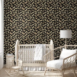 Beige zwarte vlinderpatroon behang