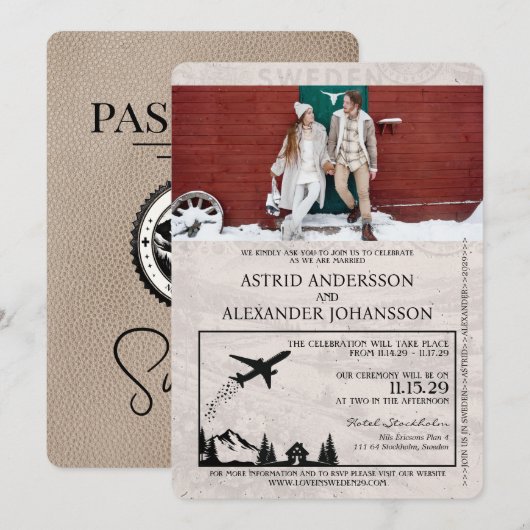 Beige Zweden Paspoort Huwelijksuitnodiging Kaart (Voorkant / Achterkant)