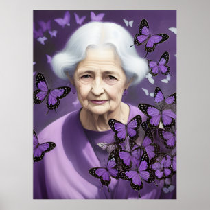 Bejaarde Vrouw Met Paarse Vlinders Poster