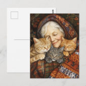 Bejaarde vrouw omhelst drie gezellige katten briefkaart (Voorkant / Achterkant)
