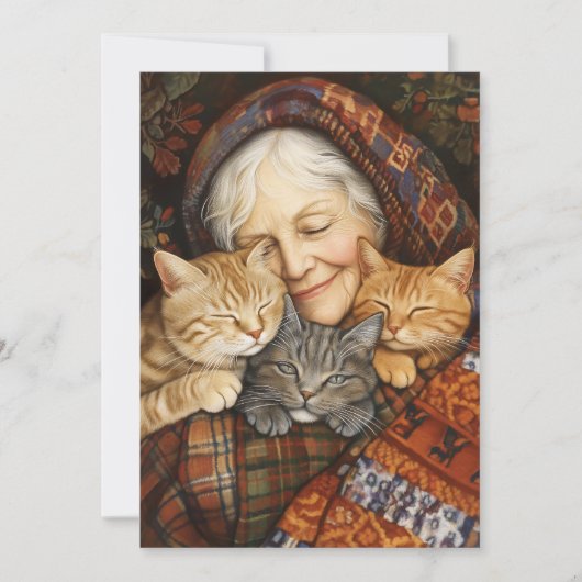 Bejaarde vrouw omhelst drie gezellige katten kaart (Voorkant)