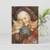 Bejaarde vrouw omhelst drie gezellige katten kaart (Staand voorkant)