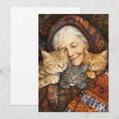Bejaarde vrouw omhelst drie gezellige katten kaart (Voorkant / Achterkant)