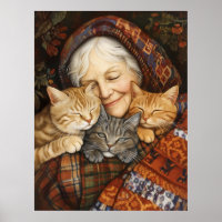 Bejaarde vrouw omhelst drie gezellige katten