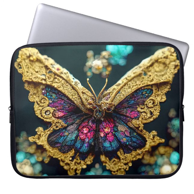 Bejewelde Gold Gemstone Butterfly-laptophoes Laptop Sleeve (Voorkant)