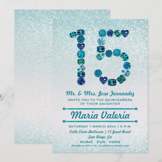 Bejeweled 15e verjaardag Quinceañera Party Uitnodi Kaart (Voorkant / Achterkant)