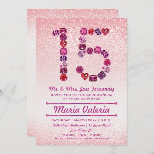 Bejeweled 15th Birthday Quinceañera Party nodigt u Kaart (Voorkant / Achterkant)