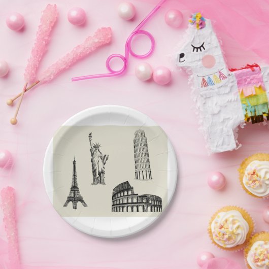 Bekende Landmarks Illustratie Papieren Bordje (Feest)