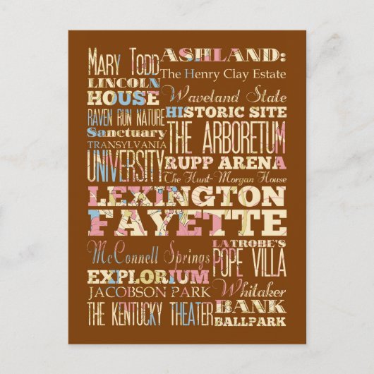 Bekende plaatsen van Lexington Fayette, Kentucky. Briefkaart (Voorkant)