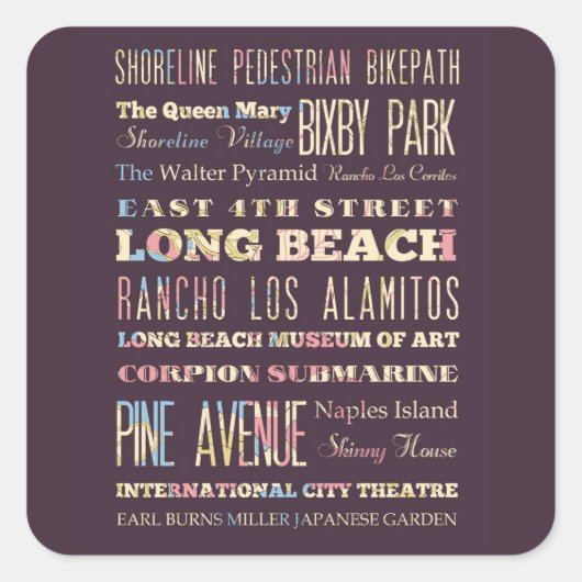 Bekende plaatsen van Long Beach, Californië. Vierkante Sticker (Voorkant)