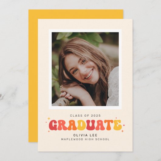 Bekendmaking Afstuderen Bright Groovy Retro Aankondiging (Voorkant / Achterkant)