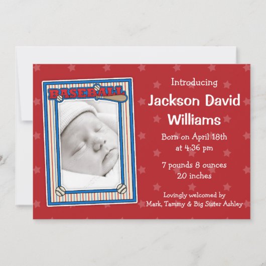 Bekendmaking Baseball Photo Birth Aankondiging (Voorkant)