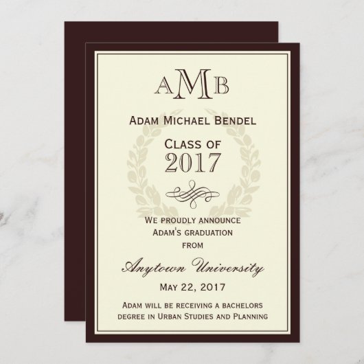 Bekendmaking bruin Elegant Monogram Afstuderen Aankondiging (Voorkant / Achterkant)