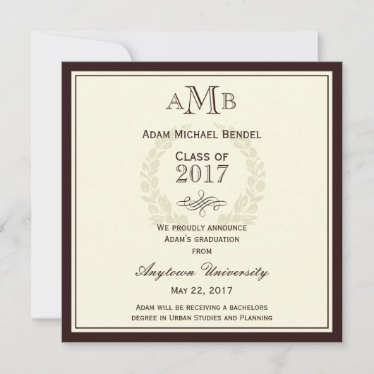 Bekendmaking bruin Elegant Monogram Afstuderen Aankondiging (Voorkant)