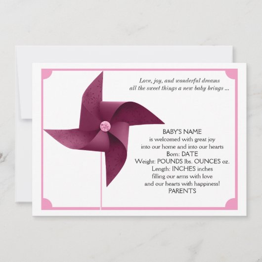 Bekendmaking Girl Pink Pinwheels Baby Aankondiging (Voorkant)