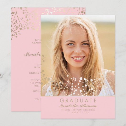 Bekendmaking Gold and Pink Photo Graduation Party Kaart (Voorkant / Achterkant)