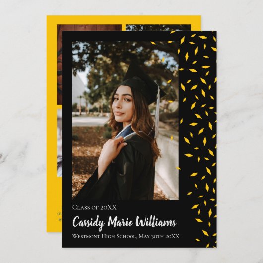 Bekendmaking Gold Black Confetti Afstuderen Kaart (Voorkant / Achterkant)