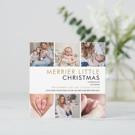 Bekendmaking kerstfoto Collage Birth Feestdagenkaart (Staand voorkant)