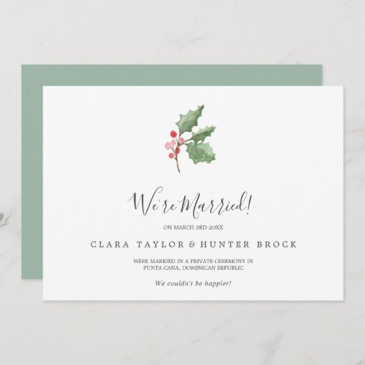 Bekendmaking kerstgroen en berry Elopement Aankondiging (Voorkant / Achterkant)