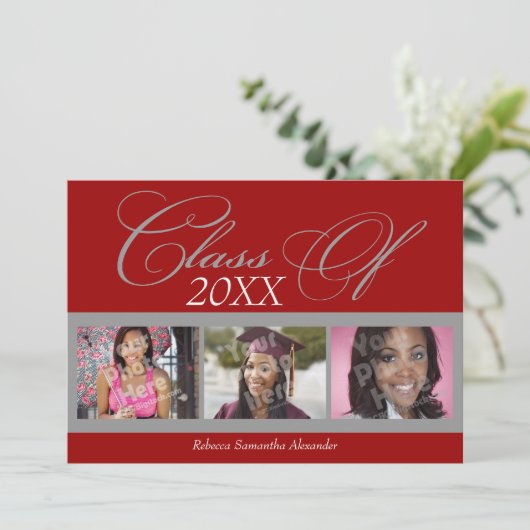 Bekendmaking Klassieke Rode/Grijze Foto Afstuderen Kaart (Staand voorkant)