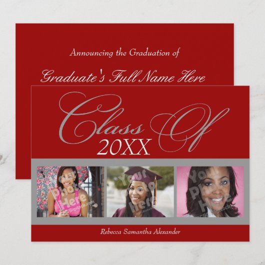 Bekendmaking Klassieke Rode/Grijze Foto Afstuderen Kaart (Voorkant / Achterkant)