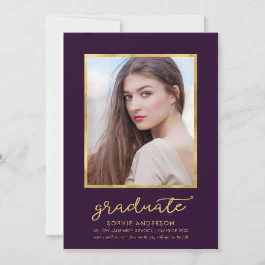 Bekendmaking van Classy Paars Gold Photo Afstudere Aankondiging (Voorkant)