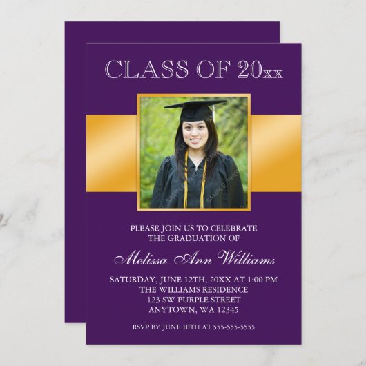 Bekendmaking van Classy Paars Gold Photo Afstudere Kaart (Voorkant / Achterkant)
