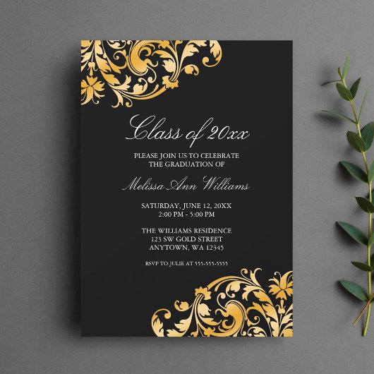 Bekendmaking van de Black Gold Swirl Graduy Party Kaart