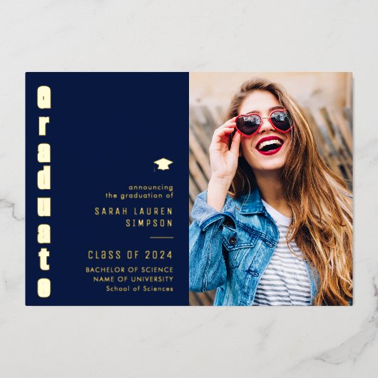 bekendmaking van de blauwe en goudfolie - afstuder folie uitnodiging (Voorkant)