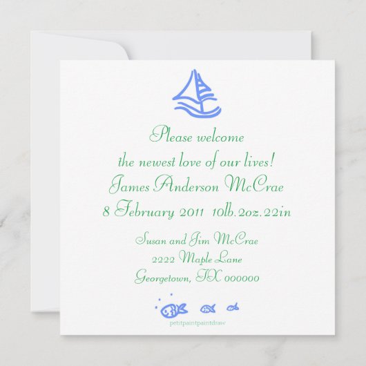 Bekendmaking van de geboorte van Bright Blue Songb Aankondiging (Achterkant)