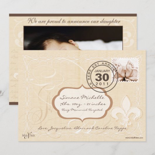 Bekendmaking van de geboorte van de Franse Romance Aankondiging (Voorkant / Achterkant)