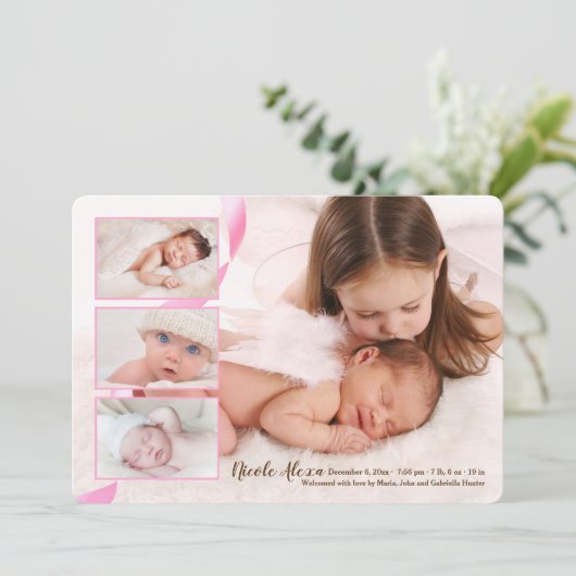 Bekendmaking van de geboorte van drie-fotomeisjes aankondiging (Staand voorkant)