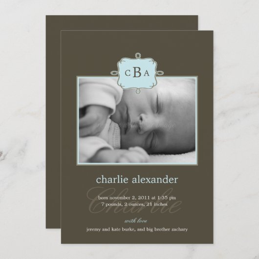 Bekendmaking van de geboorte van omhulde Initialen Aankondiging (Voorkant / Achterkant)