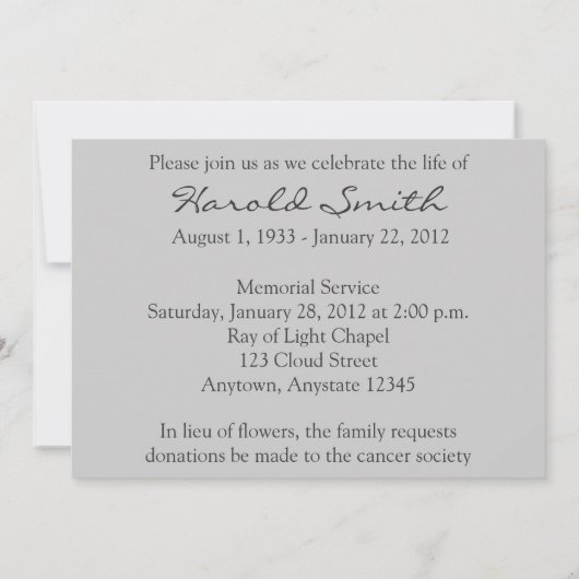 Bekendmaking van de Heavenly Light Memorial Servic Kaart (Achterkant)