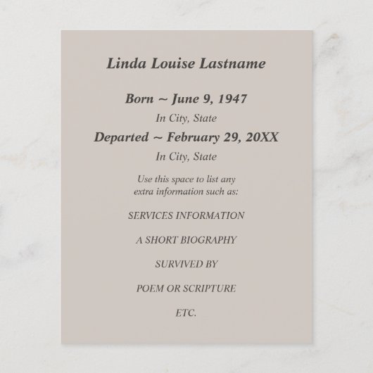 bekendmaking van de memoriale dienst (Achterkant)