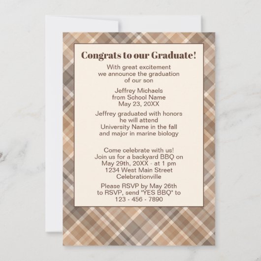 Bekendmaking van het Afstuderen Brown Beige Tartan Aankondiging (Achterkant)